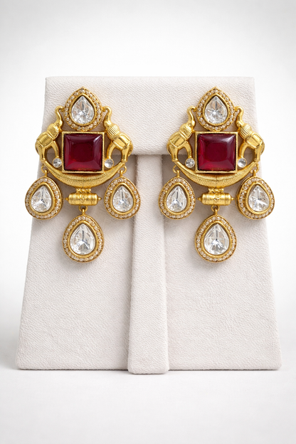 Ruby & Kundan Polki Antique Gold Plated Necklace Set-G752600