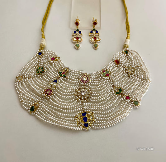 Navratna Pearl Bib Necklace Set-G7512300