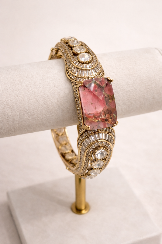 Pink Stone & Diamond Gold Bangle Bracelet