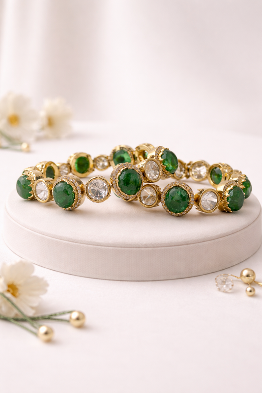 Emerald & Polki Diamond Gold-Plated Bangles(Set of 2)-G352400