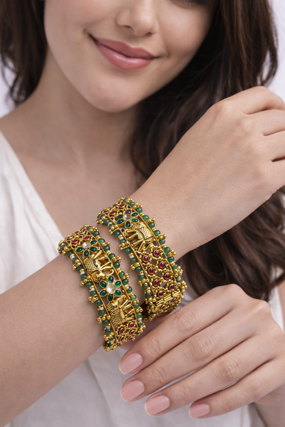 Elephant Motif Antique Gold-Plated Bangle Set(Set of 2)