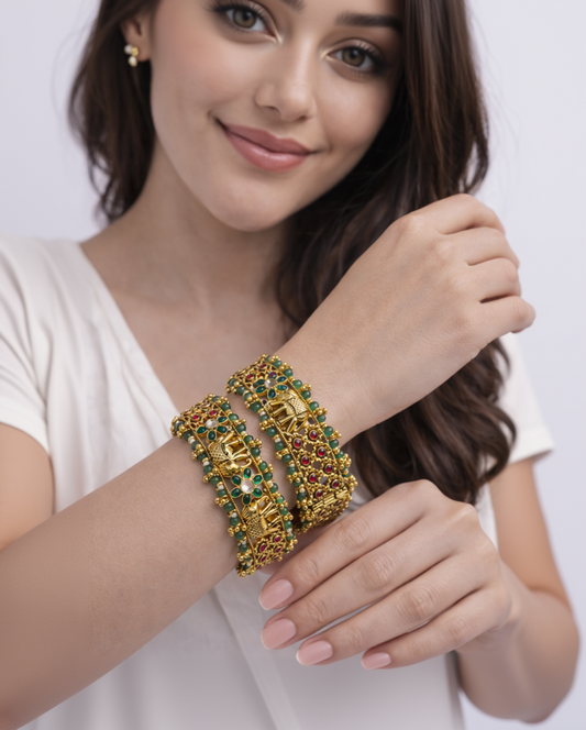 Elephant Motif Antique Gold-Plated Bangle Set(Set of 2)-G355300