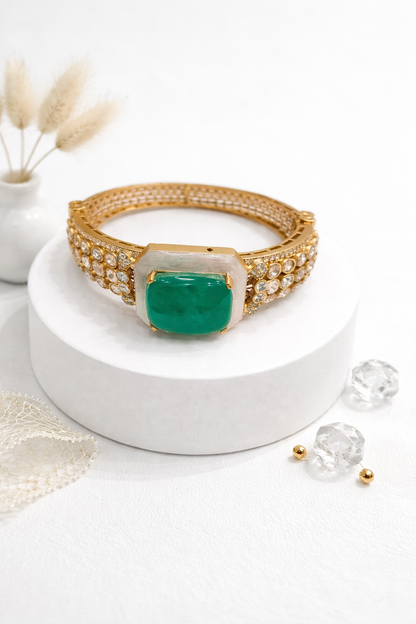 Zamrud Green Stone Kundan Mossonite Cuff Bracelet