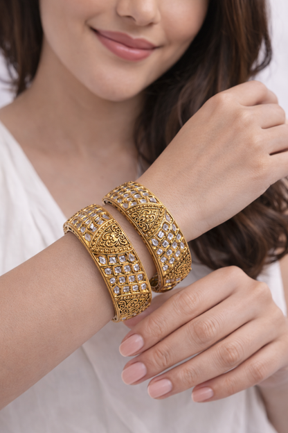 Gold-Plated Kundan Polki Kada Bangles (Set of 2)