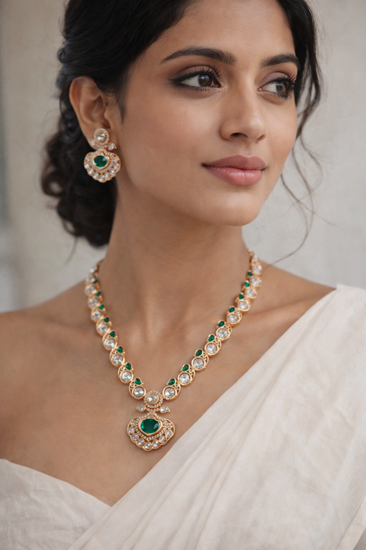 Green Kundan Polki Necklace Set-G353500