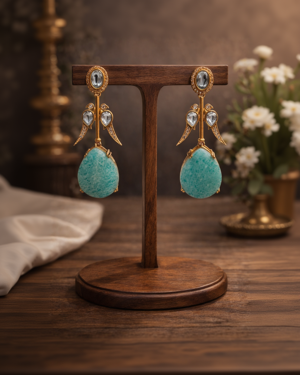 Sabyasachi Inspired Amazonite & Polki Kundan Drop Earrings-G351100