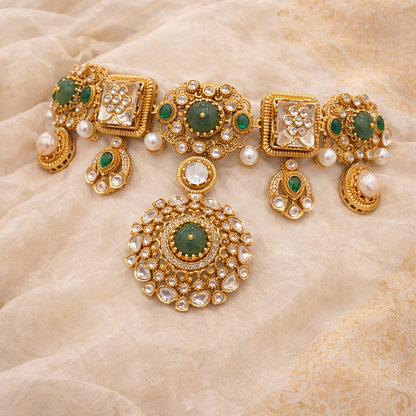 Clustered Real White Pearl & Emerald Necklace Set