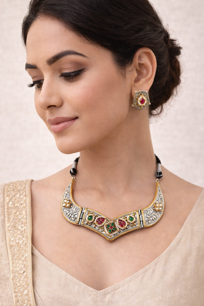 Oxidized Silver & Kundan & Pearl Studded Choker Necklace Set-G352400