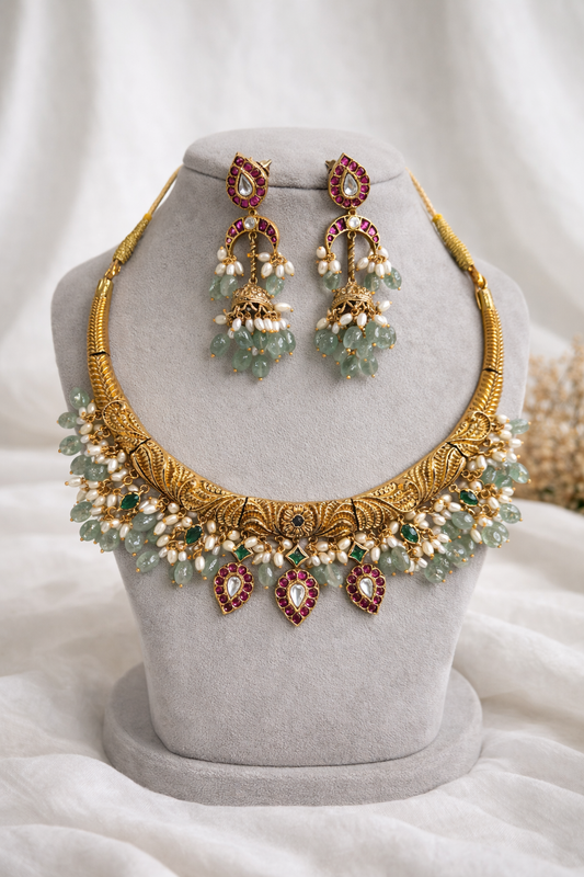 Gold-Finish Kundan & Pearl Hasli Necklace Set