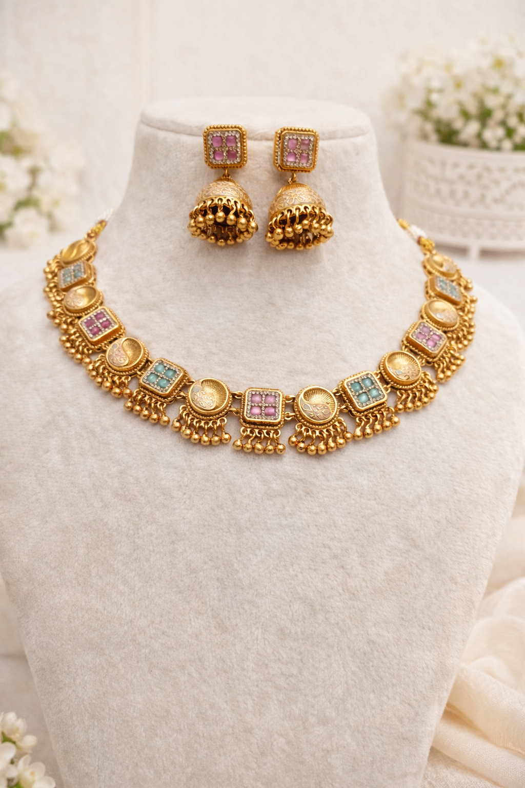Elegant Gold-Plated Kundan Choker Necklace Set with Jhumka Earrings
