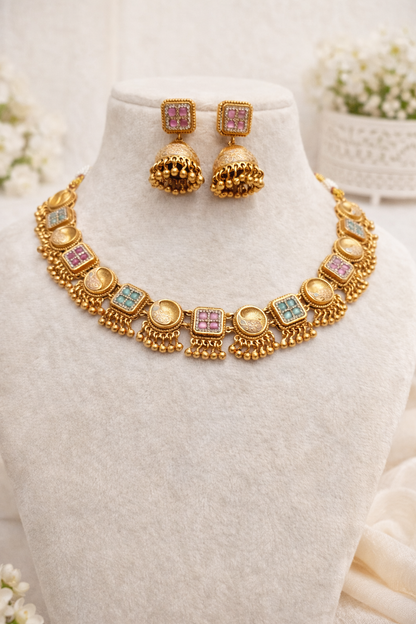 Elegant Gold-Plated Kundan Choker Necklace Set with Jhumka Earrings