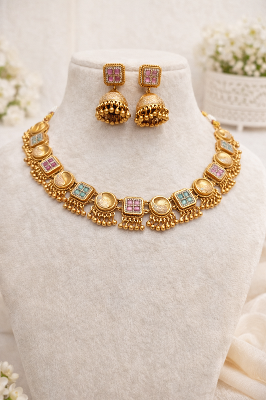 Elegant Gold-Plated Kundan Choker Necklace Set with Jhumka Earrings