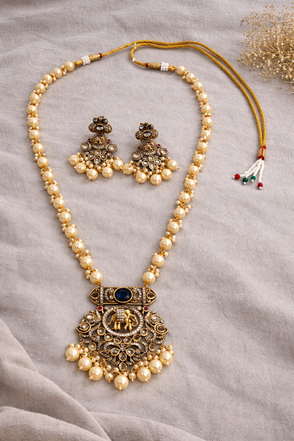Elephant" Kundan Pearl Pendant Necklace Set
