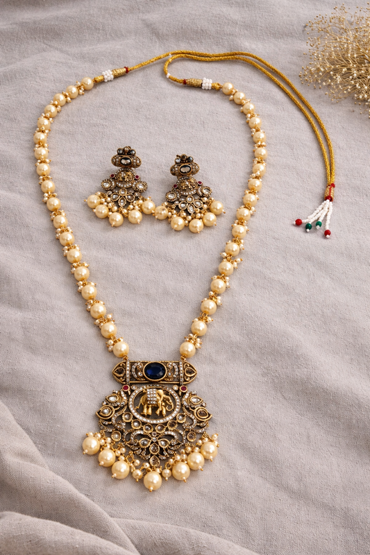 Elephant" Kundan Pearl Pendant Necklace Set