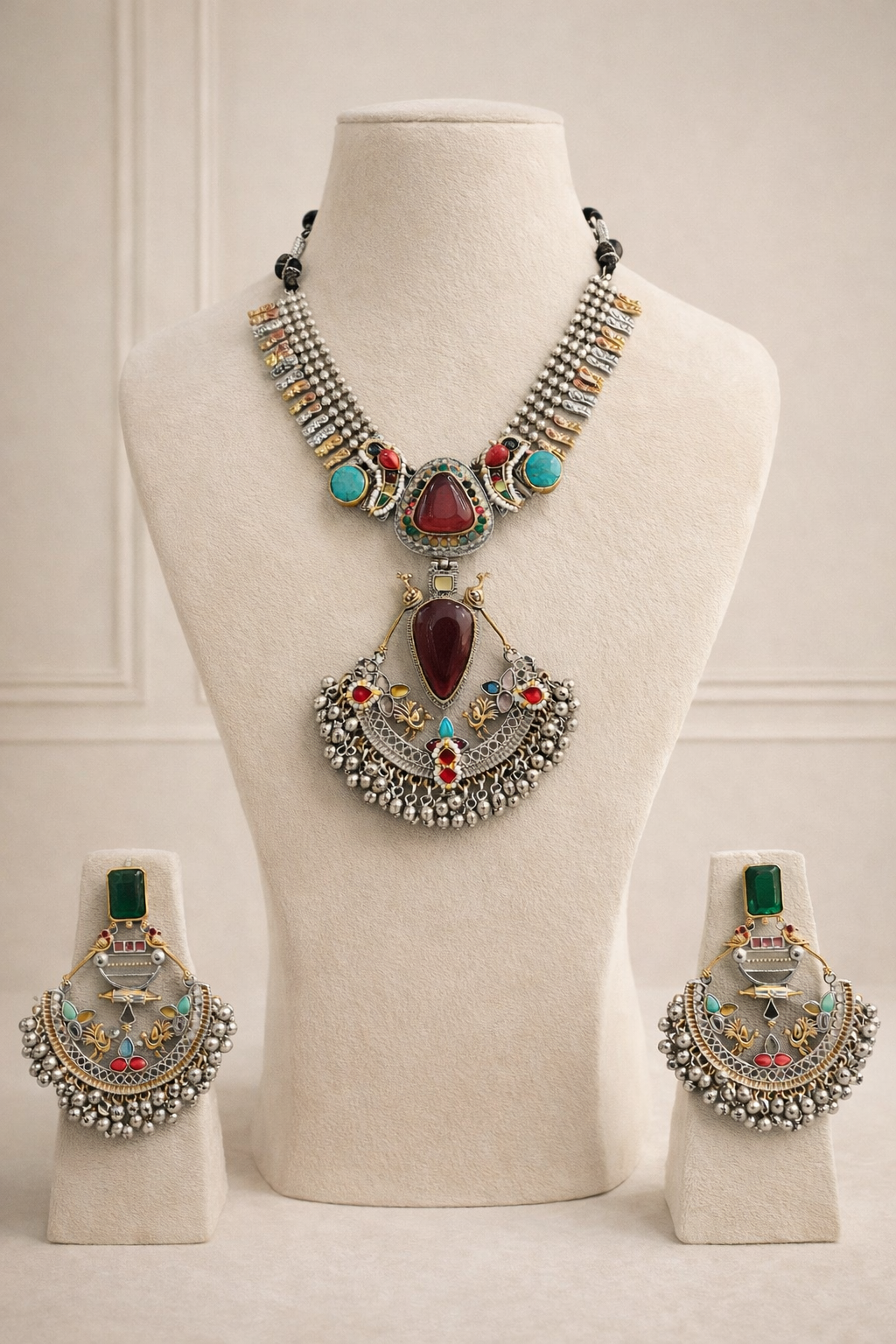 Oxidized Silver Navratri special Blue Stone Necklace Set-G353800
