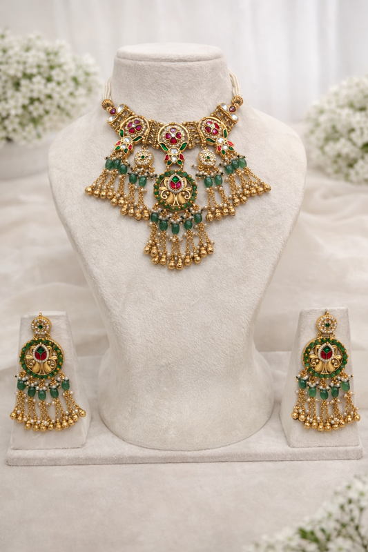 Regal Rajwadi Kundan & Meenakari Choker Set with Pearl Drops