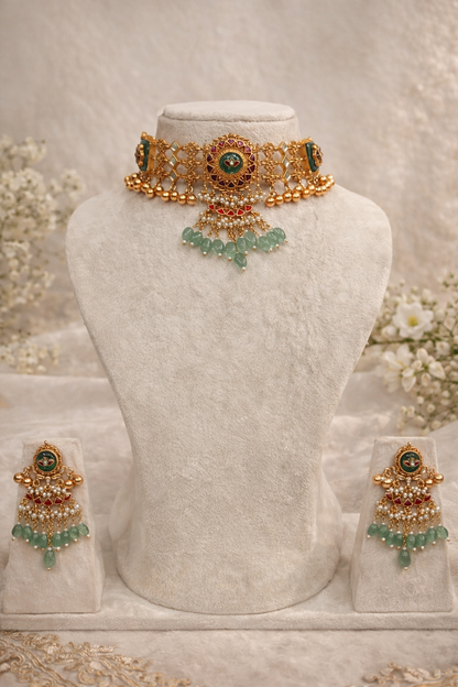 Ruby & Pearl Meena Work Choker Necklace Set