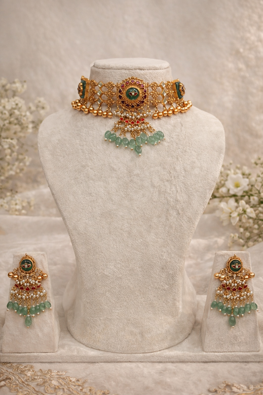 Ruby & Pearl Meena Work Choker Necklace Set