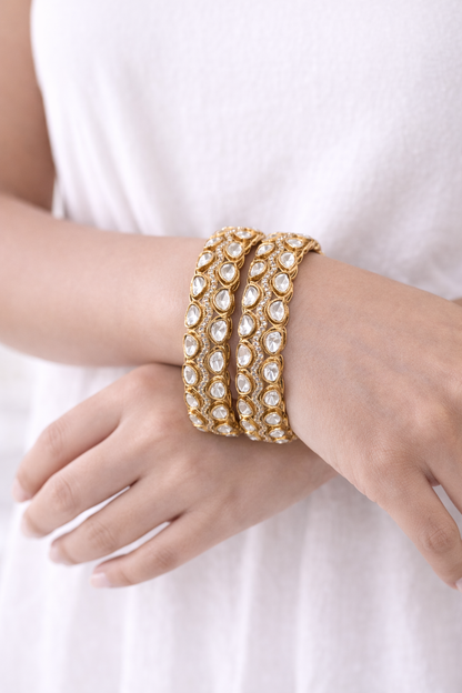 Mossonite Gold-Plated Kundan Polki Bangle(Set of 2)