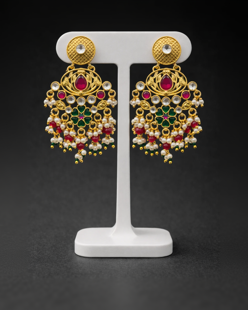 Heritage Ruby Green Stone Pearl Drop Earrings-G351800