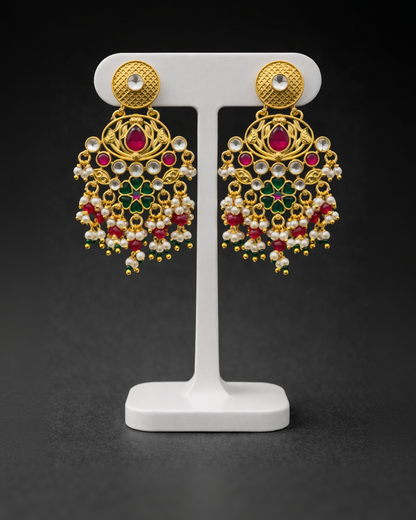 Heritage Ruby Green Stone Pearl Drop Earrings-G351800
