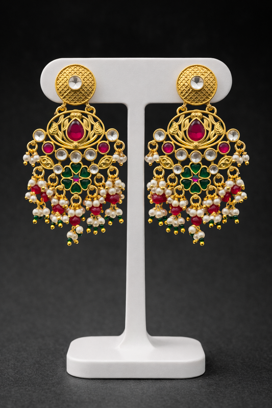 Heritage Ruby Green Stone Pearl Drop Earrings-G351800