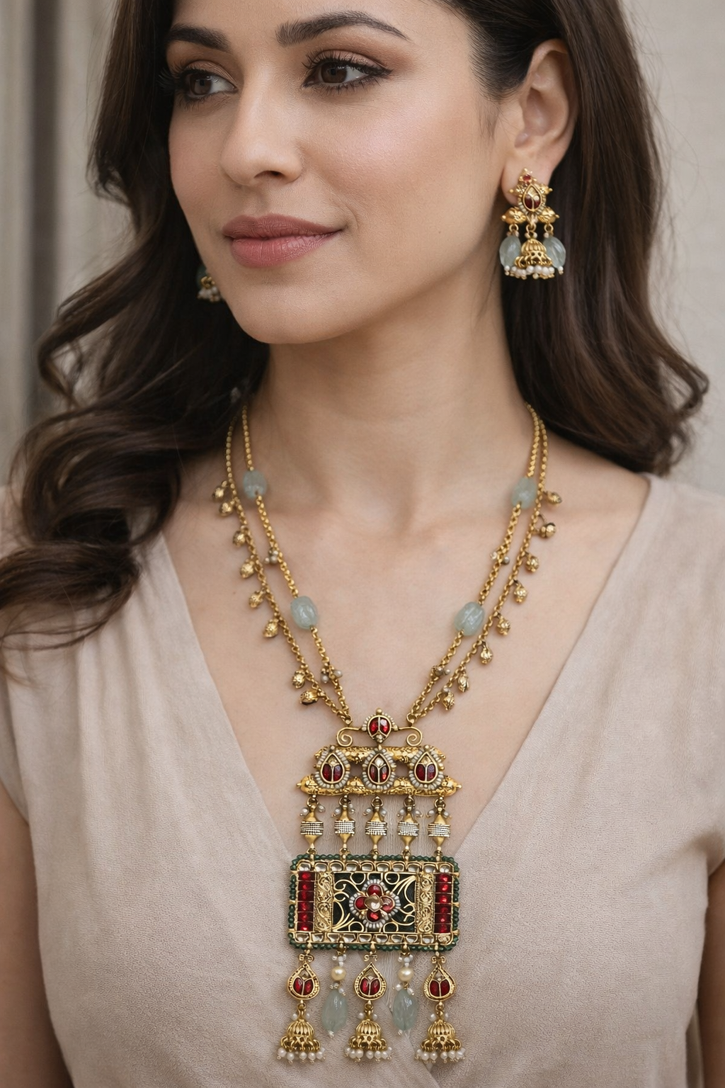 Antique Jadau Kundan Pendant Chain With Earings-G355400