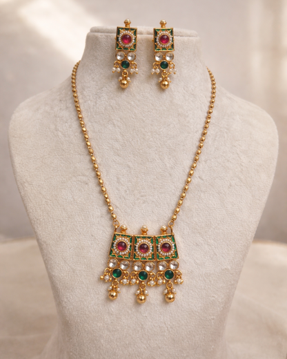Elegant Green & Red Stone Ethnic Pendant Set-G352300