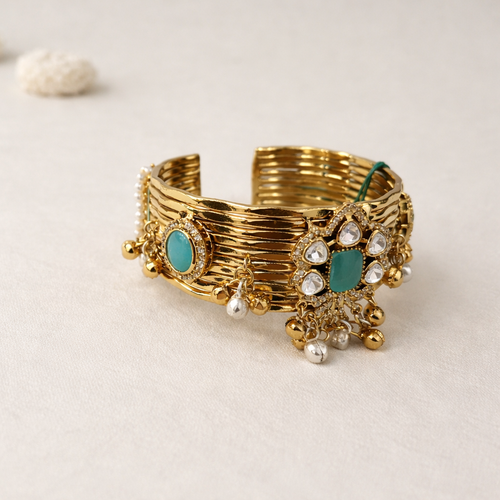 Emerald & Diamond Kundan Pearl Drop Bangle Bracelet