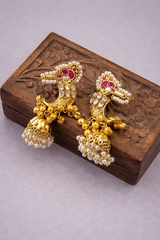 Fusion Kundan & Pearl Peacock Jhumka Earrings-G351000