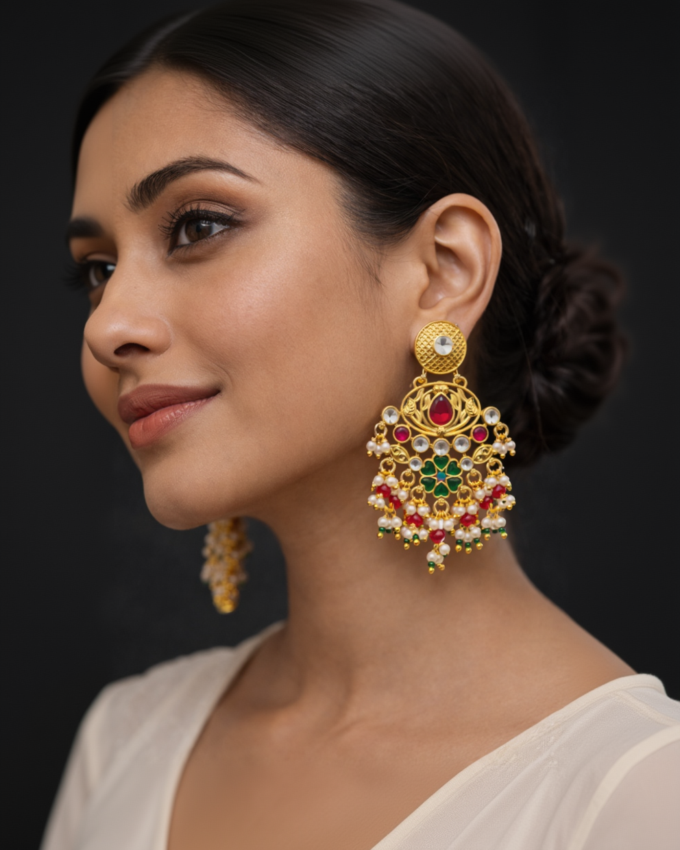 Heritage Ruby Green Stone Pearl Drop Earrings-G351800