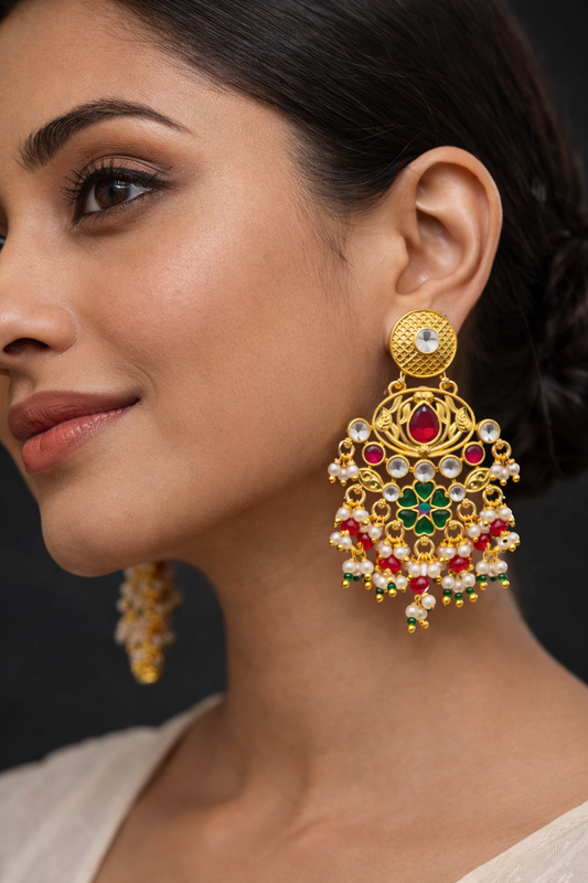 Heritage Ruby Green Stone Pearl Drop Earrings-G351800