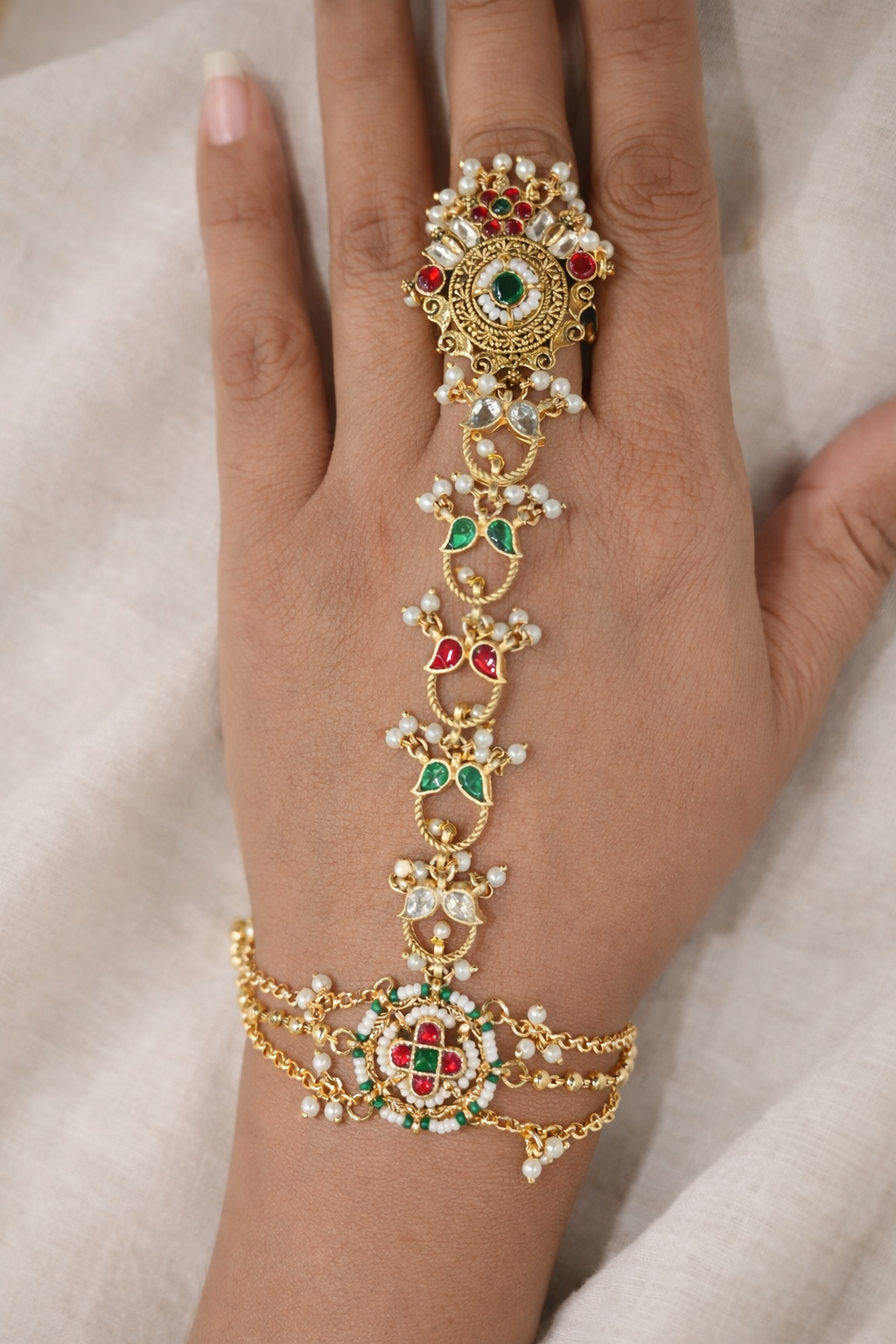 Gold Plated Heritage Hath Pocha with Pearl & Stone
