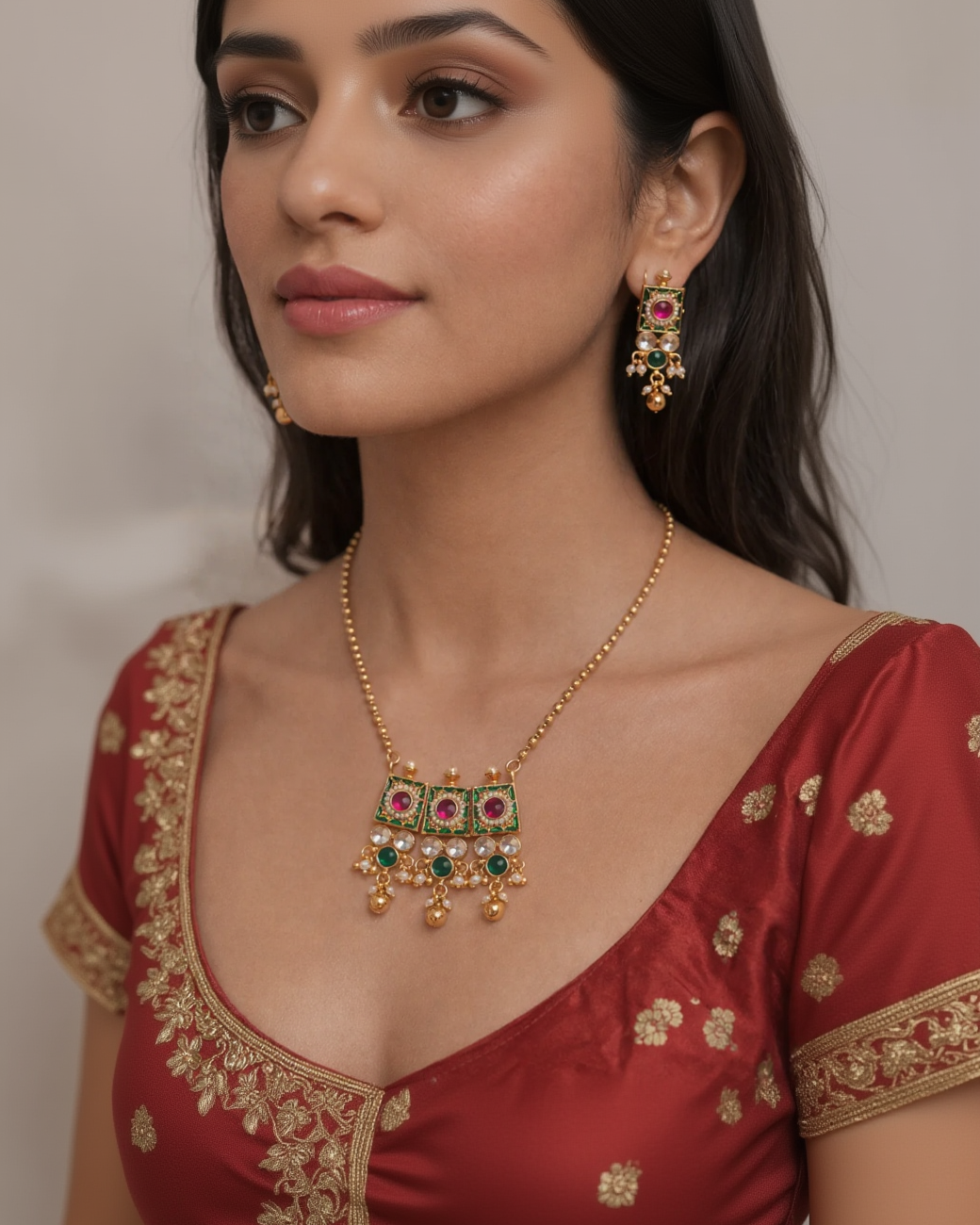 Elegant Green & Red Stone Ethnic Pendant Set-G352300