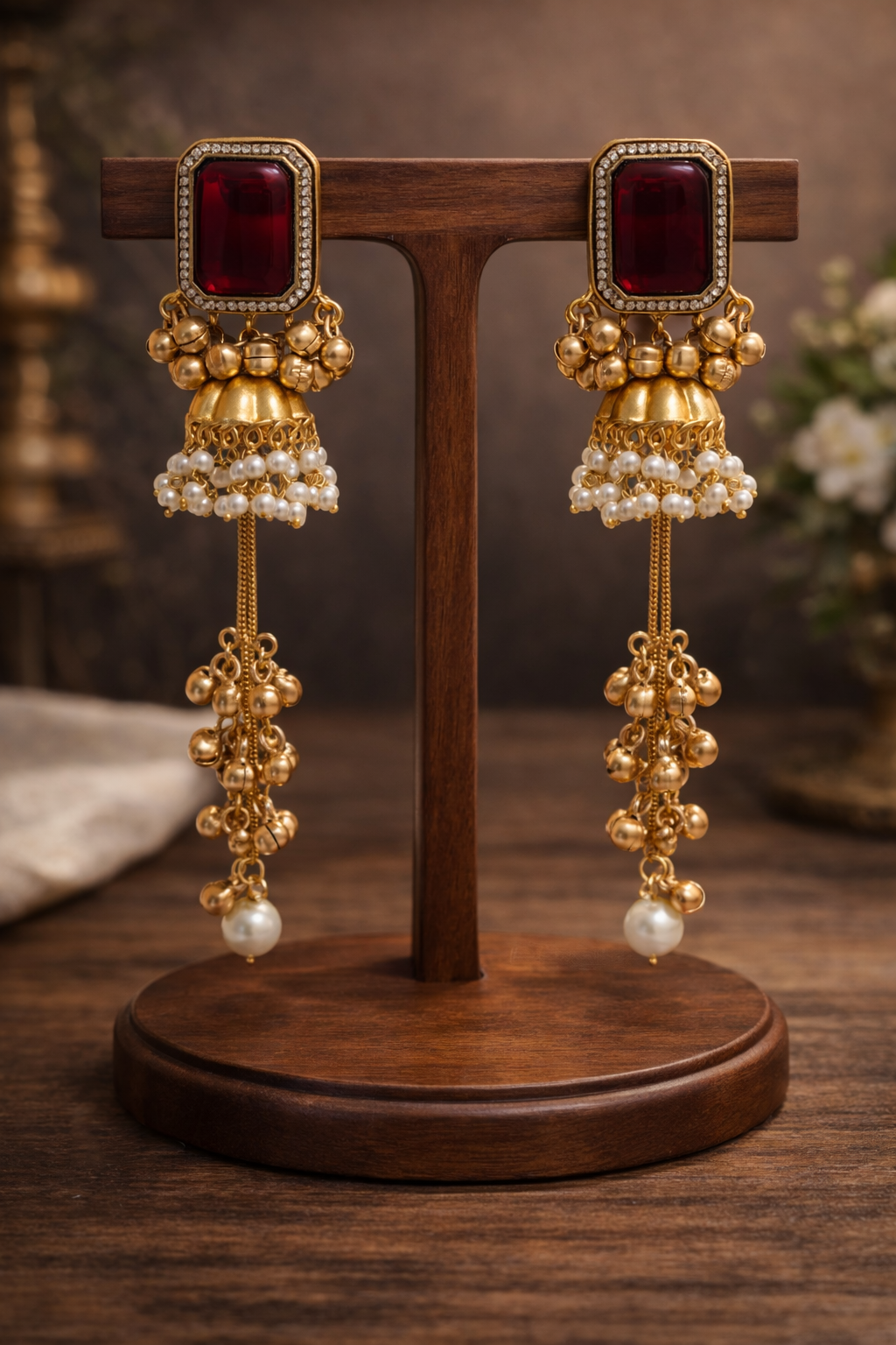 Regal Red Kundan Jhumka Earrings with Pearl Drops Earings-G351500