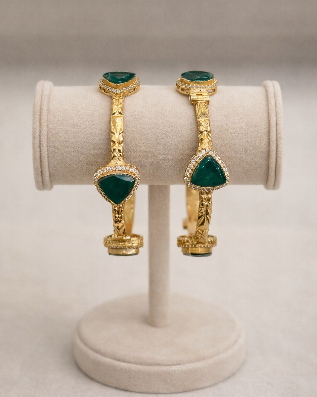 Emerald Green Stone & Gold Plated Bangles(Set of 2)-G357100