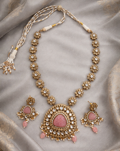 Pink Quartz & Crystal Kundan-Style Necklace Set-G353500