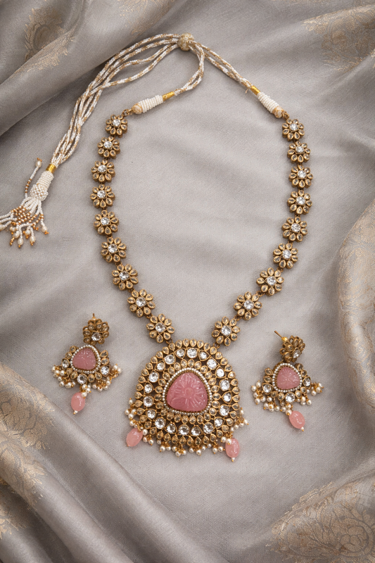 Pink Quartz & Crystal Kundan-Style Necklace Set-G353500