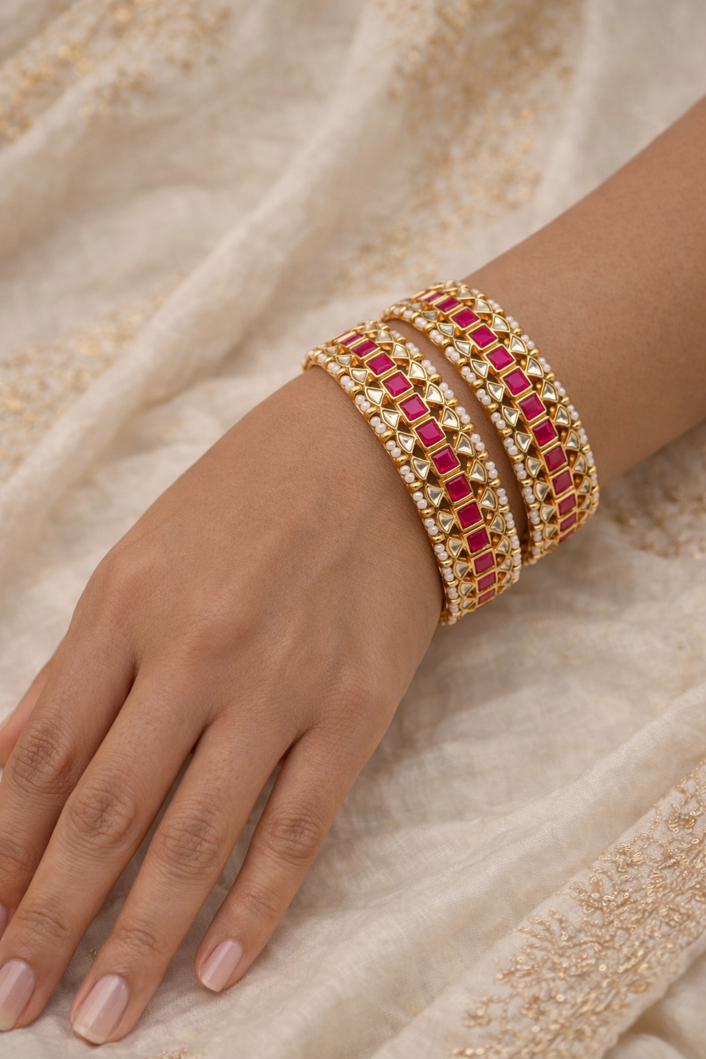 Gold Plated Pink Kundan Polki Bangles