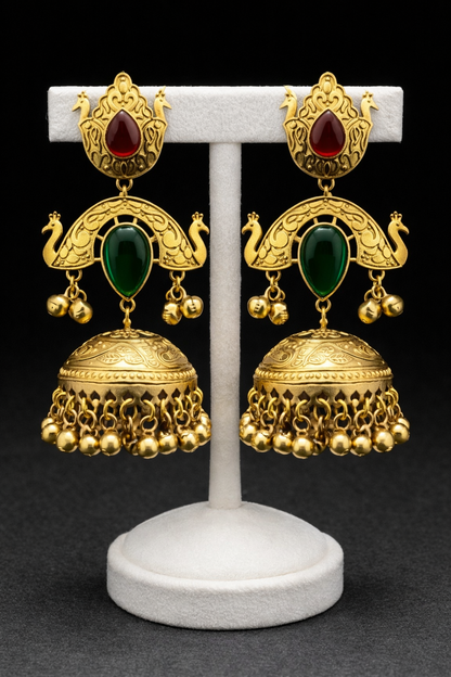 Peacock Design Gold Plated Gemstone Jhumki Earrings-G351400