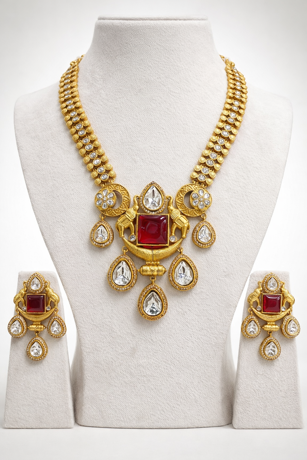Ruby & Kundan Polki Antique Gold Plated Necklace Set-G752600
