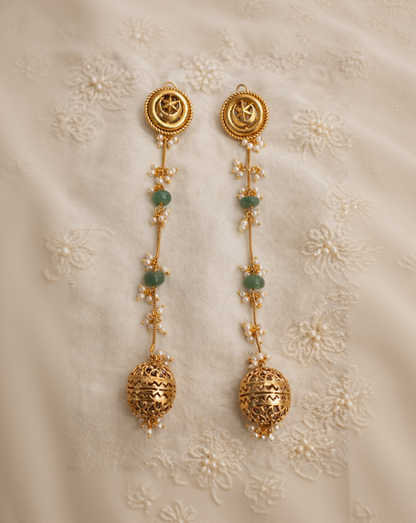 Ornate Gold Jhumka Earrings with Green Emerald Drops and Pearl Accents-G352400