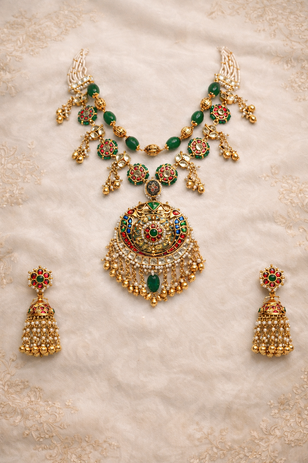 Two Line Broad Pendant Pachhi Kundan Necklace