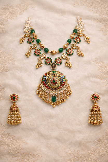 Two Line Broad Pendant Pachhi Kundan Necklace