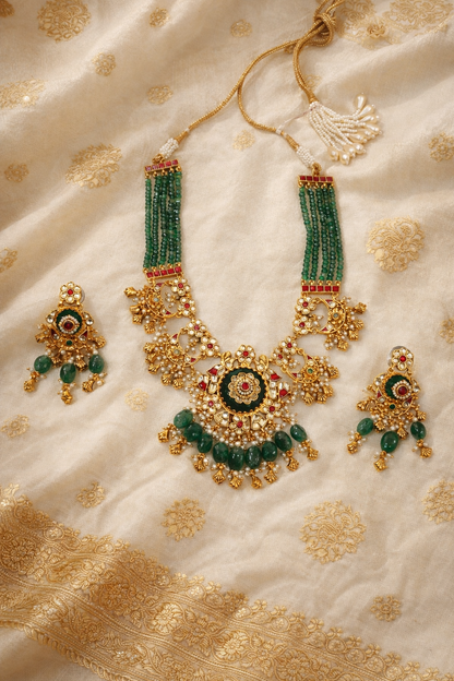 Green Kundan & Pearl Gold Plated Bridal Necklace Set