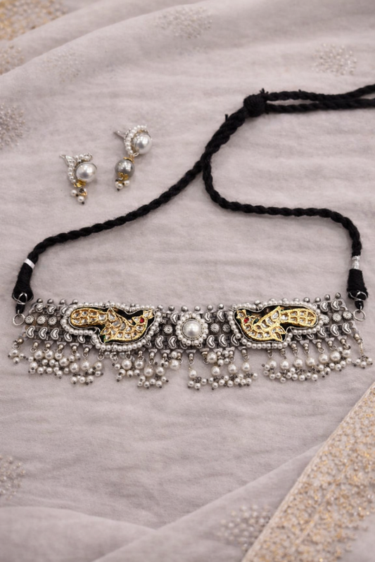 Oxidised Silver Dual-Tone Antique Haasil Necklace Set-G351300