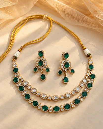 Moissanite Emrald Two line Necklace Set-NK2303