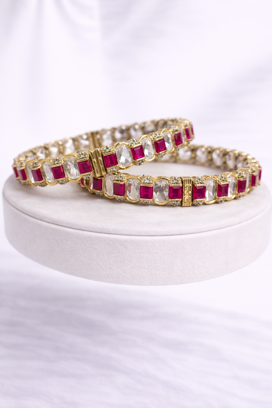 Ruby & Clear Stone Gold-Plated Bangle Set(Set of 2)