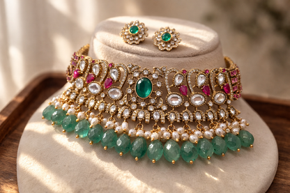 Regal Emerald & Ruby Polki Choker Necklace Set