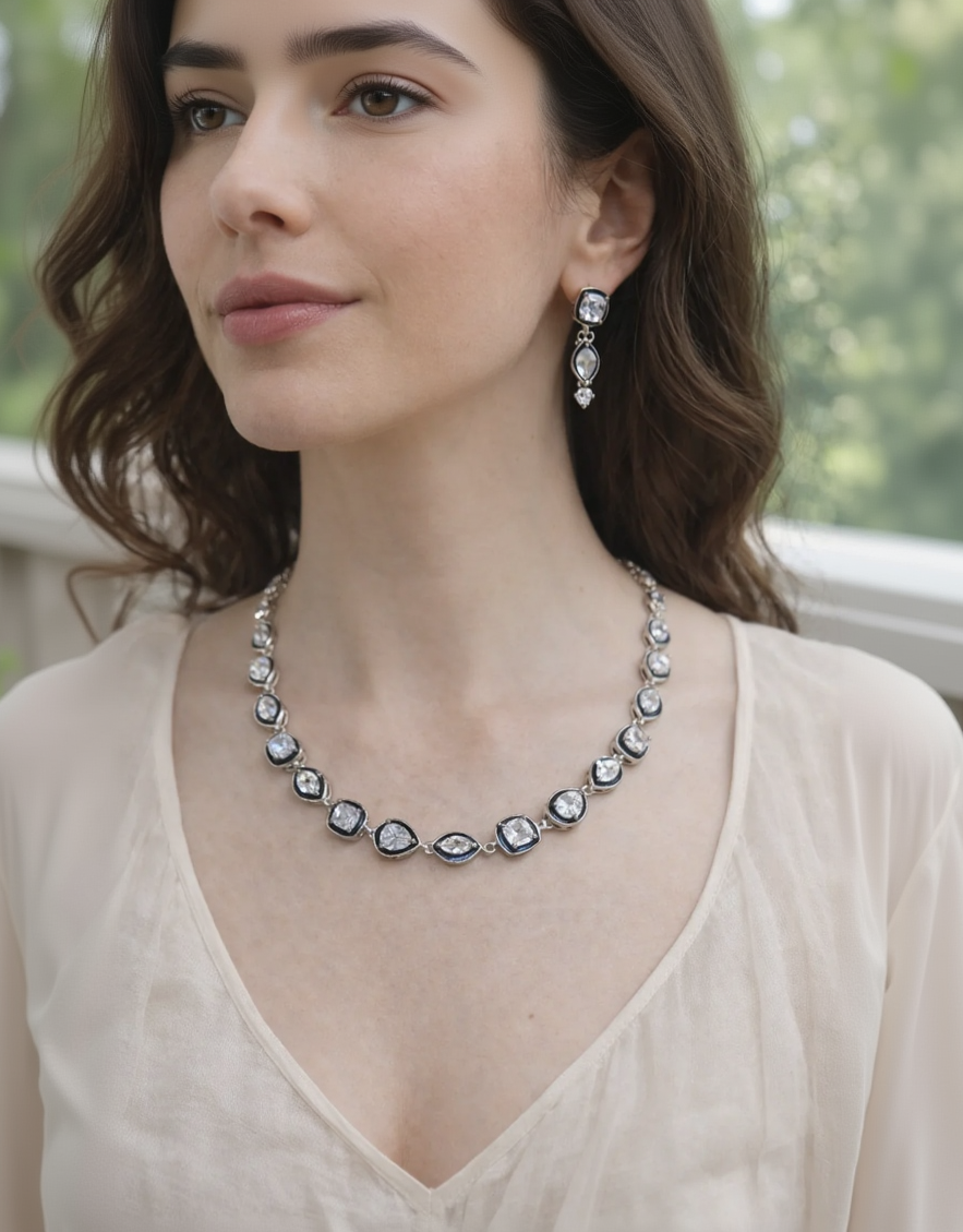 Silver-Toned Cubic Zirconia  Necklace Set-G3300